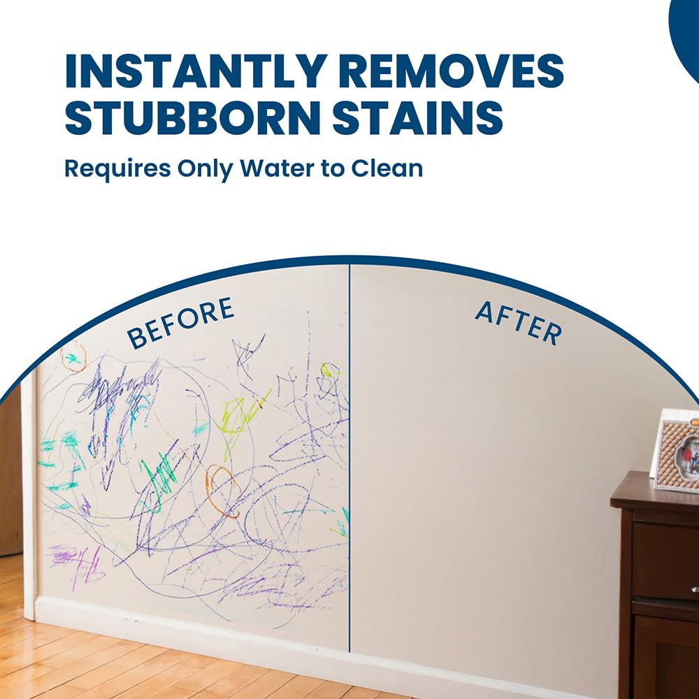 Wall covered in crayon before cleaning and spotless after using the magic eraser